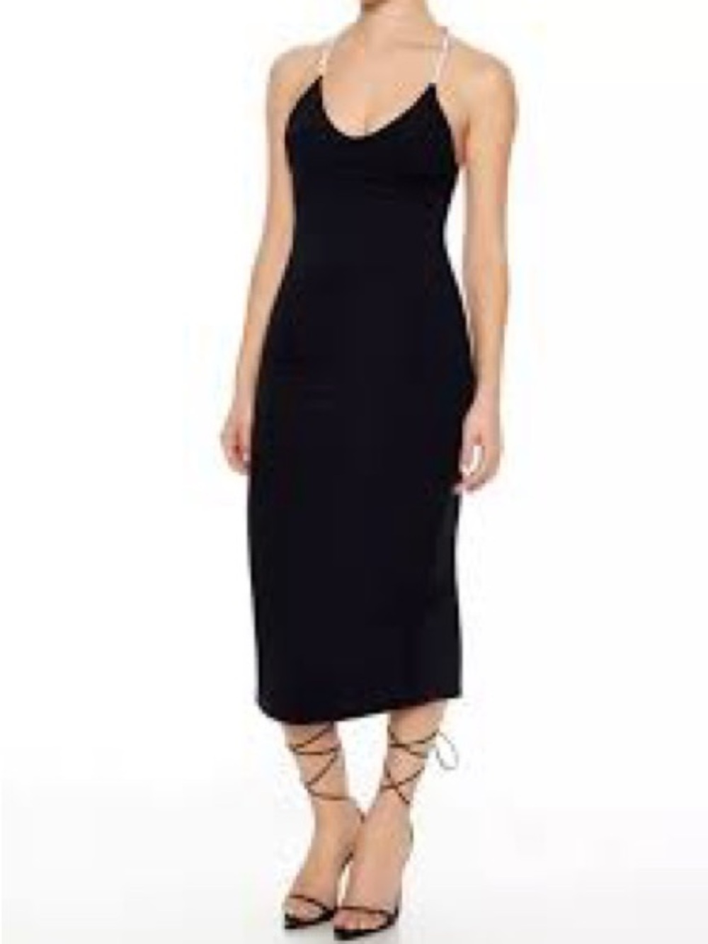 Black Slip Midi Dress with diamond Spaghetti Straps